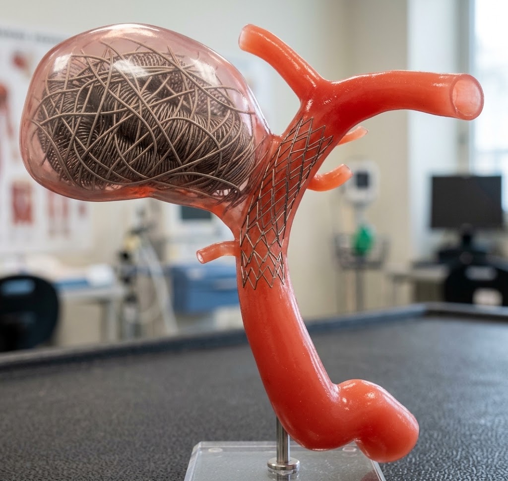Illustrative model of an aneurysm filled with coils and supported by a stent across the neck